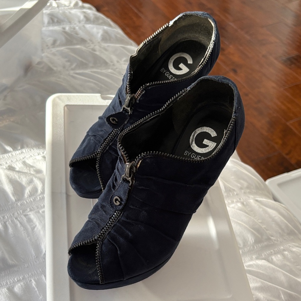 Guess Dark Blue Zippered Peep Toe Wedges